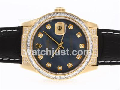 Rolex Datejust Swiss ETA 2836 Movement Gold Case CZ Diamond Bezel Diamond Markers with Black MOP Dial-Leather Strap