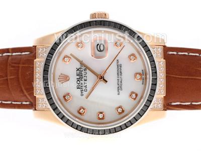 Rolex Datejust Swiss ETA 2836 Movement Rose Gold Case Black Ruby Bezel Diamond Markers with MOP Dial-Leather Strap