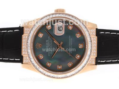 Rolex Datejust Swiss ETA 2836 Movement Rose Gold Case CZ Diamond Bezel Diamond Markers with Black MOP Dial-Leather Strap