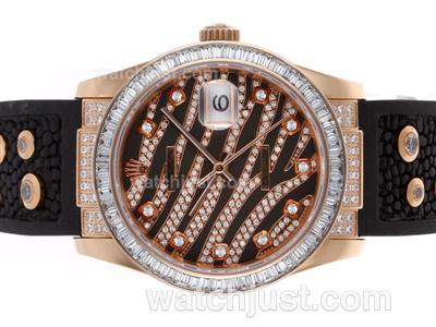 Rolex Datejust Swiss ETA 2836 Movement Rose Gold Case CZ Diamond Bezel-Royal Black Design Diamond Crested Dial