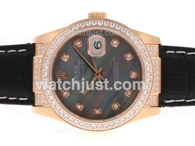 Rolex Datejust Swiss ETA 2836 Movement Rose Gold Case Diamond Markers and Bezel with Black MOP Dial-Leather Strap