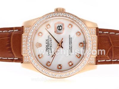 Rolex Datejust Swiss ETA 2836 Movement Rose Gold Case Diamond Markers and Bezel with MOP Dial-Leather Strap
