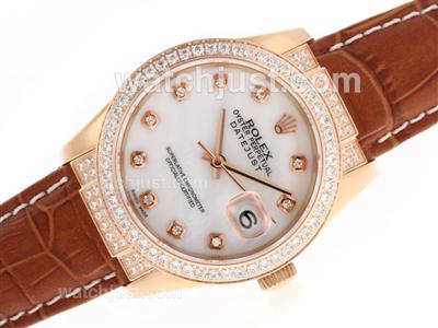 Rolex Datejust Swiss ETA 2836 Movement Rose Gold Case Diamond Markers and Bezel with MOP Dial-Leather Strap