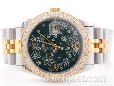 Rolex Datejust Swiss ETA 2836 Movement Two Tone Dark Green Floral Motif Dial with Diamond Bezel