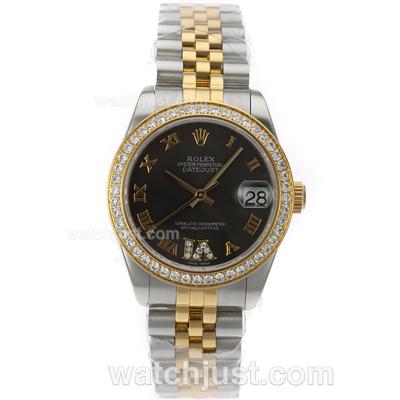 Rolex Datejust Swiss ETA 2836 Movement Two Tone Diamond Bezel Roman Markers with Black Dial S/S-Mid Size