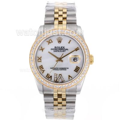 Rolex Datejust Swiss ETA 2836 Movement Two Tone Diamond Bezel Roman Markers with White Dial S/S-Mid Size