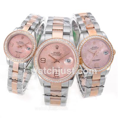 Rolex Datejust Swiss ETA 2836 Movement Two Tone Diamond Bezel with Pink Floral Motif Dial