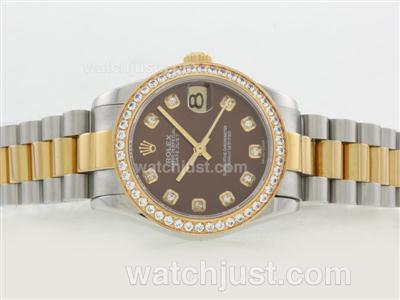 Rolex Datejust Swiss ETA 2836 Movement Two Tone Diamond Marking and Bezel with Brown Dial