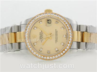 Rolex Datejust Swiss ETA 2836 Movement Two Tone Diamond Marking and Bezel with Golden Dial