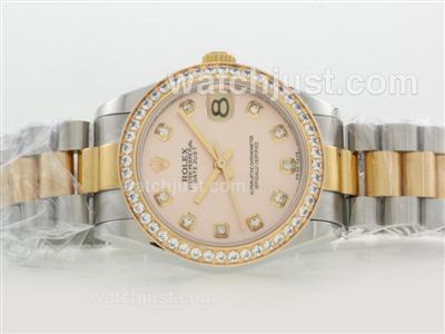 Rolex Datejust Swiss ETA 2836 Movement Two Tone Diamond Marking and Bezel with Pink Dial