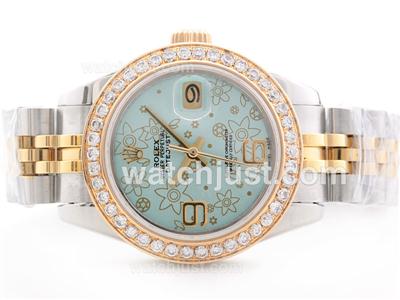 Rolex Datejust Swiss ETA 2836 Movement Two Tone Light Blue Floral Motif Dial with Diamond Bezel