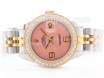 Rolex Datejust Swiss ETA 2836 Movement Two Tone Pink Floral Motif Dial with Diamond Bezel