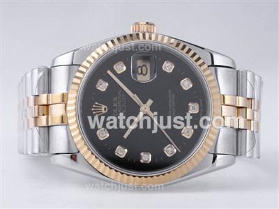 Rolex Datejust Swiss ETA 2836 Movement Two Tone with Black Dial-Diamond Marking