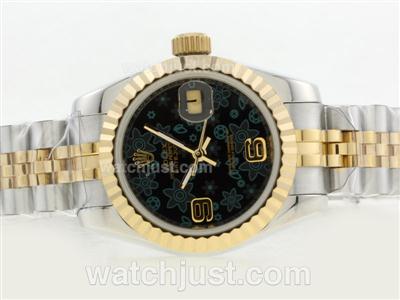 Rolex Datejust Swiss ETA 2836 Movement Two Tone with Black Floral Motif Dial