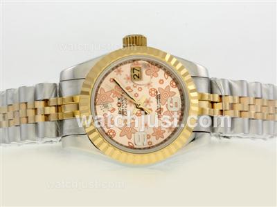 Rolex Datejust Swiss ETA 2836 Movement Two Tone with Champagne Floral Motif Dial