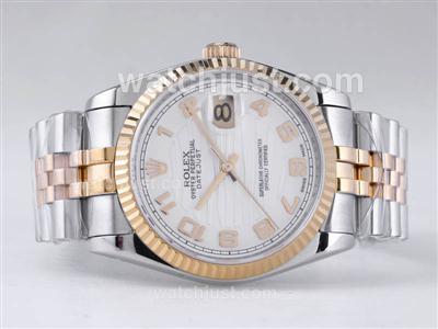 Rolex Datejust Swiss ETA 2836 Movement Two Tone with White Wave Dial-Number Marking