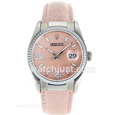 Rolex Datejust Swiss ETA 2836 Movement with Pink Watermark Dial-Leather Strap