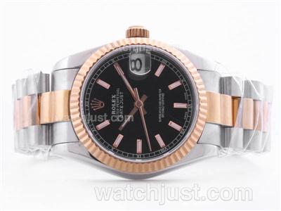 Rolex Datejust Swiss ETA 2836 Two-Tone Black Dial with Stick Marking-Mid Size