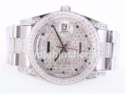 Rolex Day-Date Swiss ETA 2836 Movement With Full Diamond Dial-Blue Marking