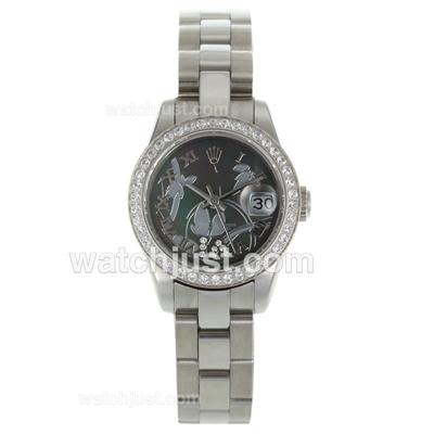 Rolex Datejust Automatic Diamond Bezel Roman Markers with Black MOP Dial-Flowers Illustration