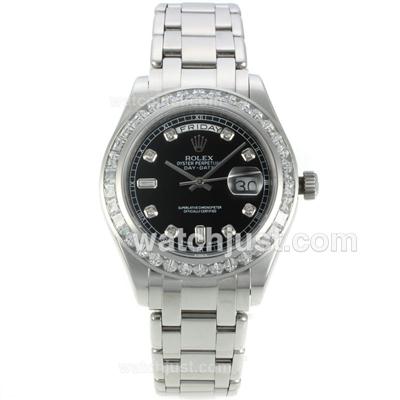 Rolex Day-Date Automatic CZ Diamond Bezel with Black Dial-Diamond Markers S/S-Same Chassis as ETA Version