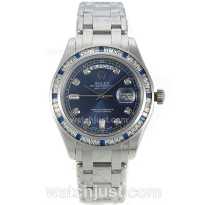 Rolex Day-Date Automatic CZ Diamond Bezel with Blue Dial-Diamond Markers S/S-Same Chassis as ETA Version