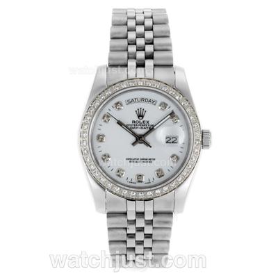 Rolex Day-Date Automatic Diamond Bezel and Markers with White Dial-Sapphire Glass