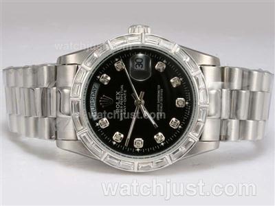 Rolex Day-Date Automatic Diamond Bezel and Marking with Black Dial