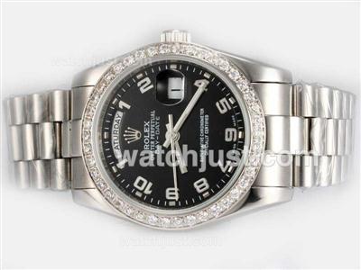 Rolex Day-Date Automatic Diamond Bezel with Black Dial-Number Marking