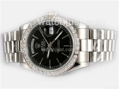 Rolex Day-Date Automatic Diamond Bezel with Black Dial-Stick Marking