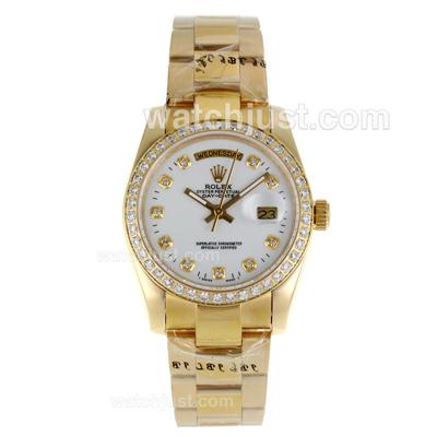 Rolex Day-Date Automatic Full Gold Diamond Bezel and Markers with White Dial-Sapphire Glass