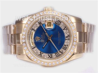 Rolex Day-Date Automatic Full Gold Diamond Bezel with Blue Dial-Roman Marking