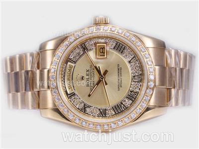 Rolex Day-Date Automatic Full Gold Diamond Bezel with Golden Dial-Roman Marking