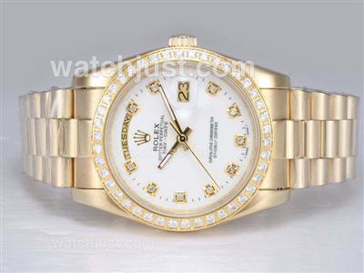 Rolex Day-Date Automatic Full Gold with Diamond Bezel and Marking--White Dial