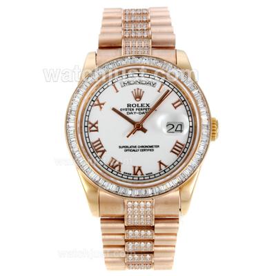 Rolex Day-Date Automatic Full Rose Gold CZ Diamond Bezel with White Dial-Roman Markers-Same Chassis as ETA Version