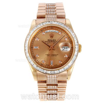 Rolex Day-Date Automatic Full Rose Gold with Golden Dial-CZ Diamond Bezel and Markers-Same Chassis as ETA Version