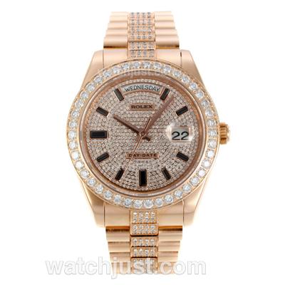 Rolex Day Date Full Rose Gold Automatic with Diamond Dial and Bezel-CZ Diamond Markers-Same Chassis as ETA Version