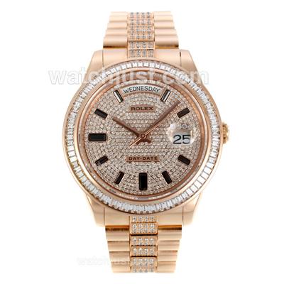 Rolex Day Date Full Rose Gold Automatic with Diamond Dial-CZ Diamond Bezel and Markers-Same Chassis as ETA Version