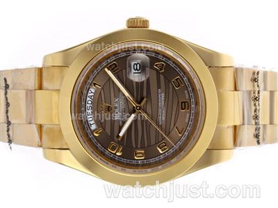 Rolex Day-Date II Automatic Full Gold Number Markers with Brown Wave Dial