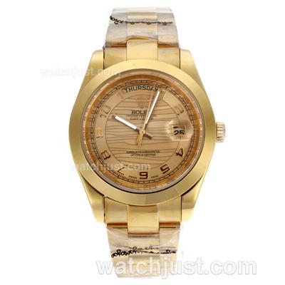 Rolex Day-Date II Automatic Full Gold Number Markers with Golden Wave Dial