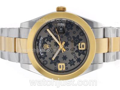 Rolex Day-Date II Automatic Two Tone with Gray Floral Motif Dial