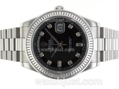 Rolex Day-Date II Swiss ETA 2836 Movement CZ Diamond Bezel Diamond Markers with Black Dial