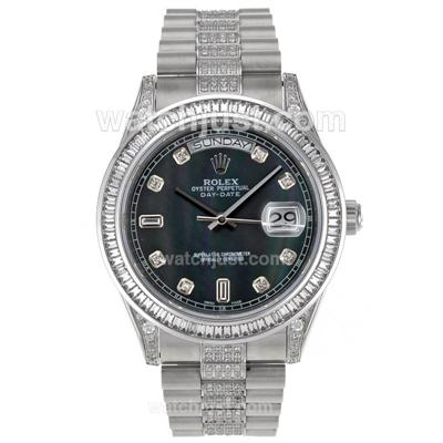 Rolex Day-Date II Swiss ETA 2836 Movement CZ Diamond Bezel with Black MOP Dial