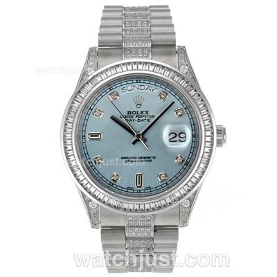 Rolex Day-Date II Swiss ETA 2836 Movement CZ Diamond Bezel with Blue Dial