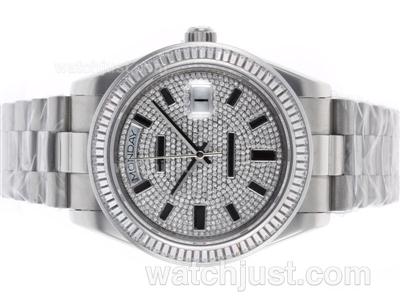 Rolex Day-Date II Swiss ETA 2836 Movement CZ Diamond Bezel with Diamond Dial-Stick Markers