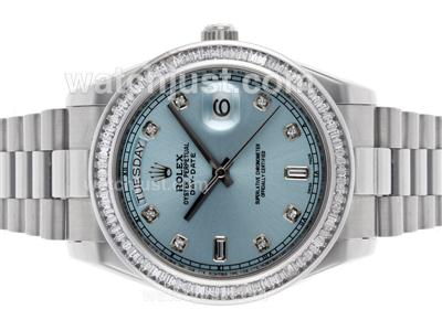 Rolex Day-Date II Swiss ETA 2836 Movement CZ Diamond Bezel with Light Blue Dial S/S