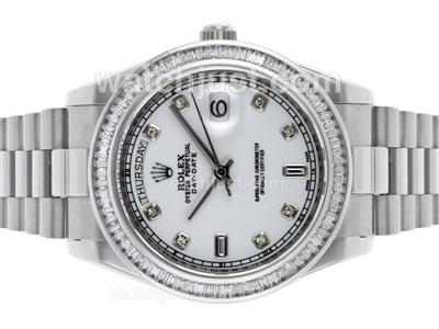 Rolex Day-Date II Swiss ETA 2836 Movement CZ Diamond Bezel with White Dial S/S