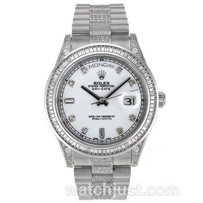 Rolex Day-Date II Swiss ETA 2836 Movement CZ Diamond Bezel with White Dial