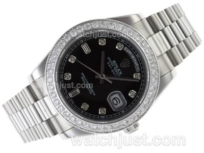 Rolex Day-Date II Swiss ETA 2836 Movement Diamond Bezel and Markers with Black Dial