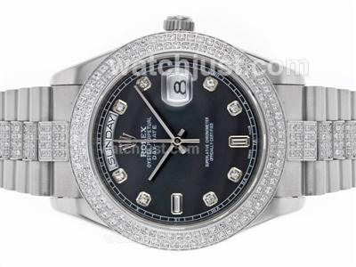 Rolex Day-Date II Swiss ETA 2836 Movement Diamond Bezel and Markers with Black MOP Dial S/S